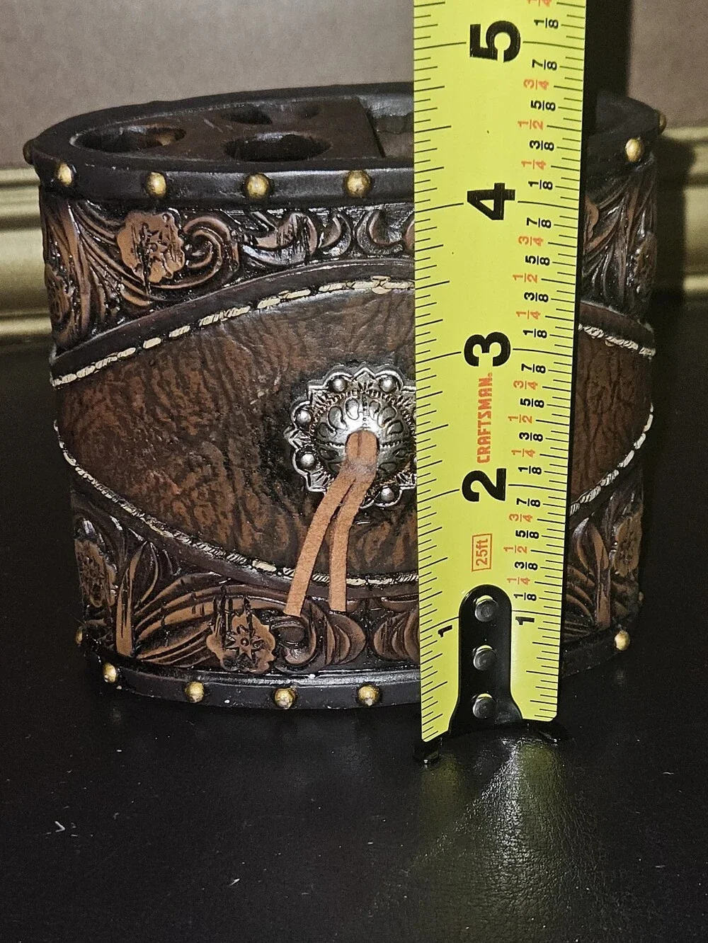 Equestrian Themed Tooled Leather & Carved Resin Toothbrush Caddy